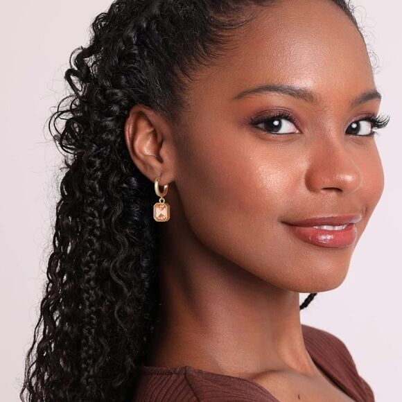 18K Yellow Gold with Champagne Topaz Crystal Dangling Octagon Huggie Earrings - Picture 4 of 7